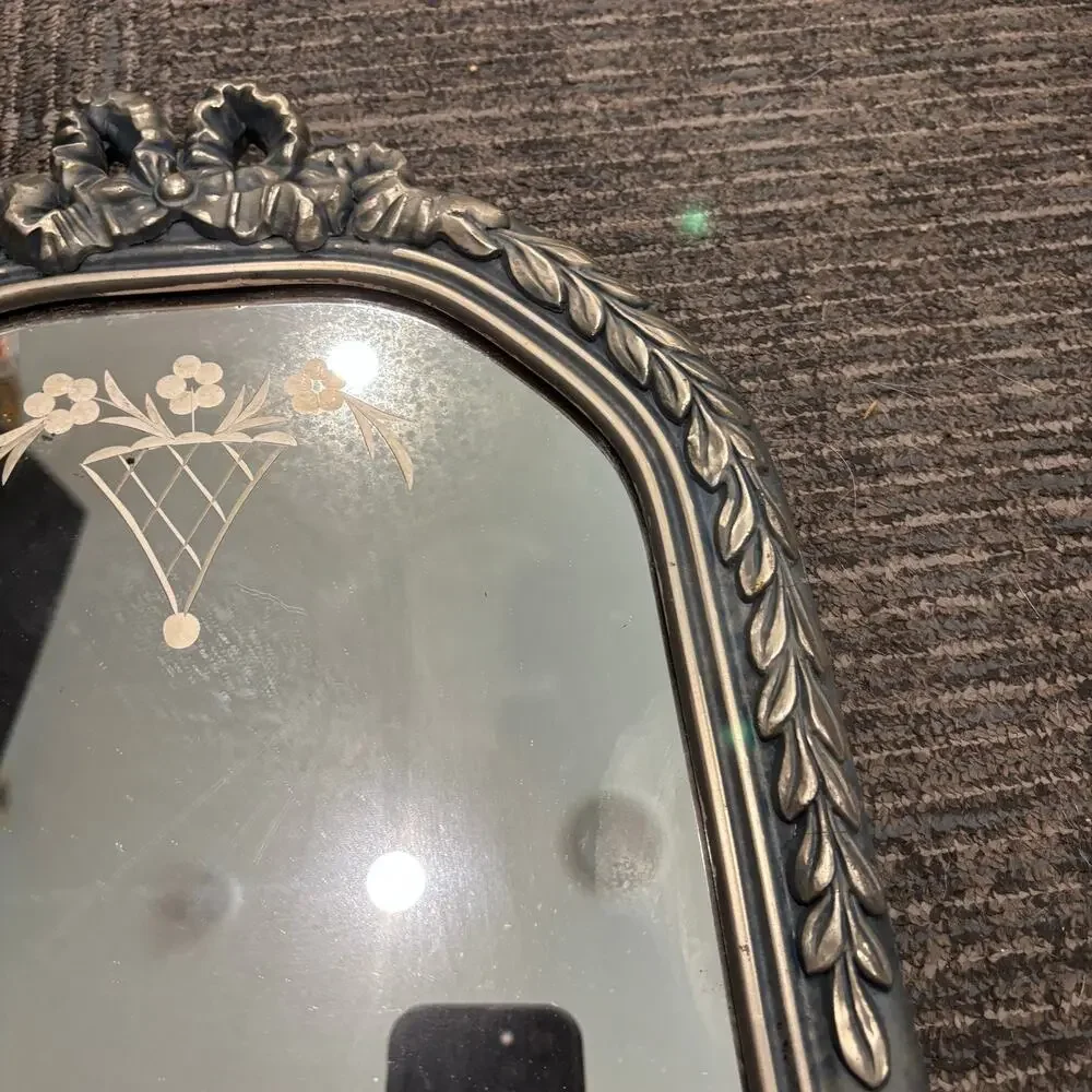 Vintage Arched Blue and Silver Gesso Frame Art Deco Floral Etched Mirror 12”x19”